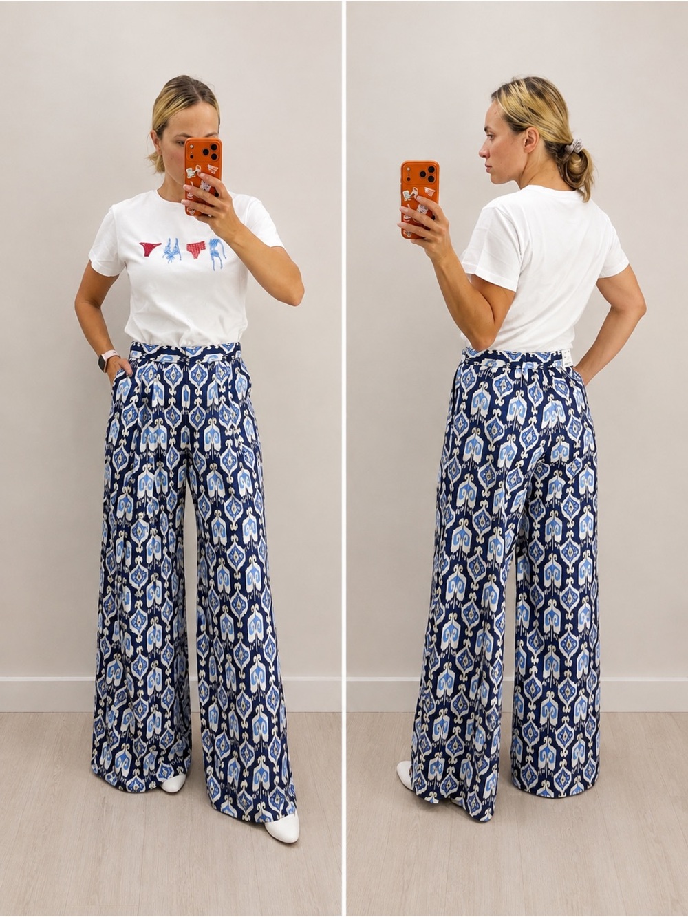 J.McLaughlin Amal Pants Womens Size Navy Blue Ikat Print Wide Leg Cotton Stretch